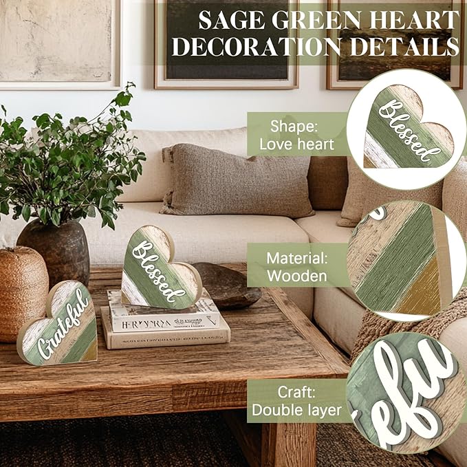 Jetec 2 Pcs Rustic Decorations for Living Room Home Shelf Mantel Entryway Table, Farmhouse Knick Knacks Christian Table Centerpiece Wooden Heart Decor for Dining Room Housewarming Gift(Blessed Style)