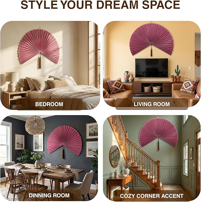 Big Fan Decor 60", Bamboo Wall Fan for King Bed, Japanese Wall Fan Light Pink Handwoven Art, Massive Aesthetic Hanging, Hook Included (Light Pink)