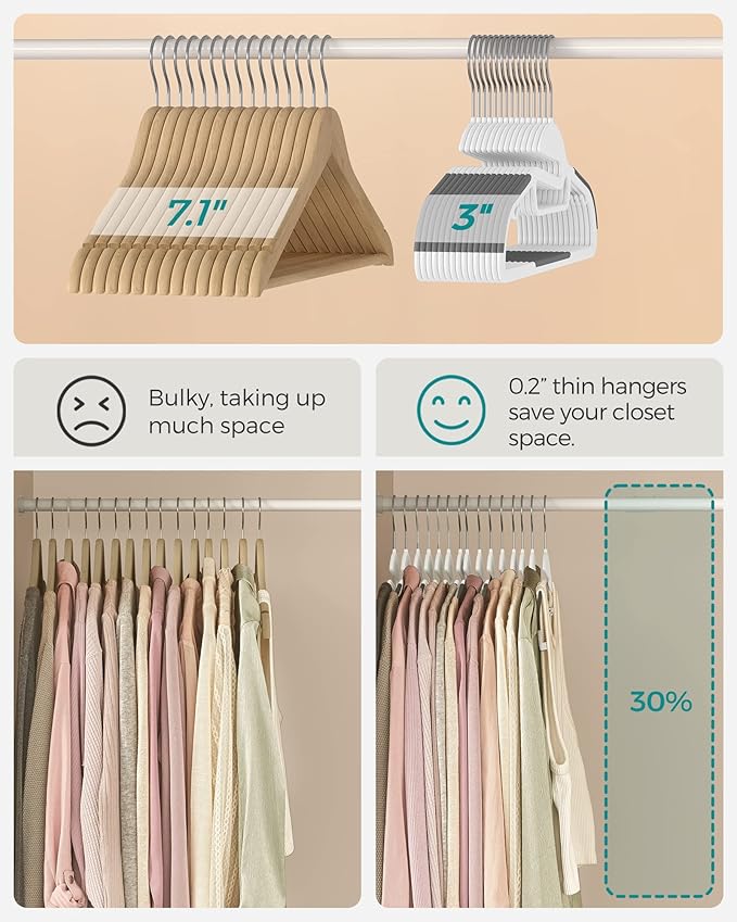 SONGMICS 50 Pack Coat Hangers, Heavy-Duty Plastic Suit Hangers, S-Shaped Opening, Space-Saving, 360º Swivel Hook, 16.3 Inches Wide, Cloud White and Dark Gray UCRP041WG03