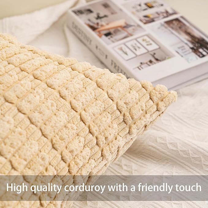 Aegero Pack of 2 Corduroy Decorative Throw Pillow Covers 16x16 Inch Soft Striped Pillow Covers Modern Farmhouse Home Decor for Sofa Living Room Couch Bed（Beige）
