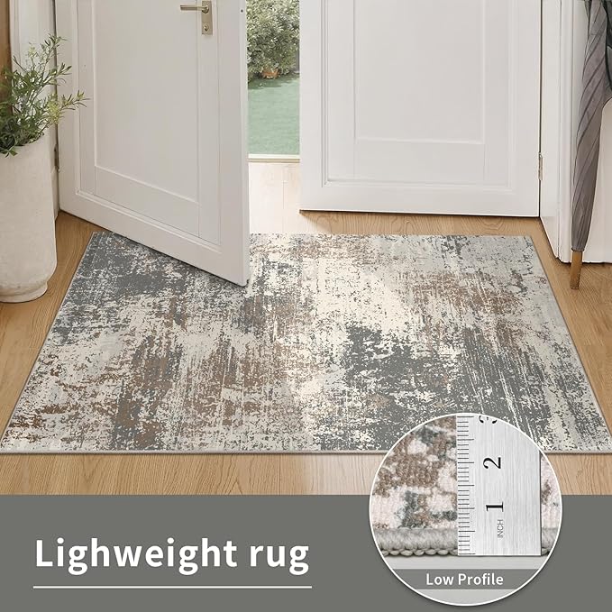 Ciicool 2'6 "x8' Washable Runner Rug, Modern Abstract Hallway Rugs Runner, Non-Slip Thin Accent Rug Lightweight Brown Gray Distressed Carpet Runners for Laundry Entryway Bedroom Kitchen Indoor