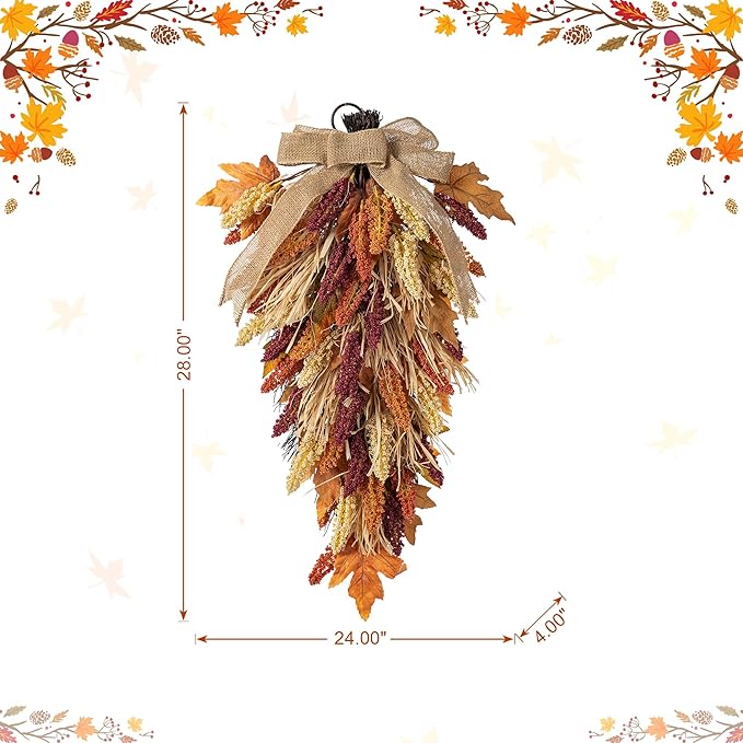 Glitzhome 28'' Artificial Fall Teardrop Swag, Autumn Harvest Multi-Colored Sorghum Door Swag, Hanging Flower Wreath for Thanksgiving Fall Front Door Window Wall Decor
