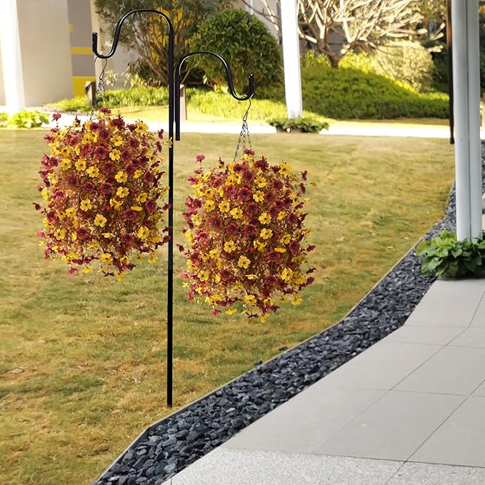 Homsunny Artificial Faux Fall Hanging Flowers Plants Basket for Outdoor Decoration,Fake Silk Orange Mums planters UV Resistant Look Real for Home Porch Patio Yard Outside Autumn Decor (Brown)