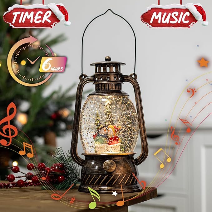 Snow Globe Christmas Decorations Snowman, Musical Glitter Christmas Snow Globes Light Up Lantern 6H Timer USB Lined/Battery, Christmas Village Snowman Snow Globe Decor Gifts