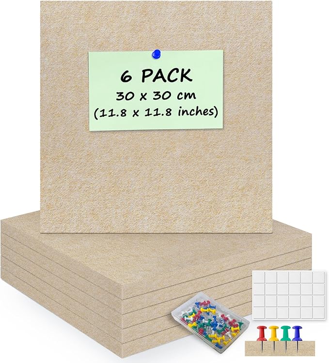 6 Pack Cork Board Felt Bulletin Board with 60 Push Pins, 1/2" Thick Pinboard Square Tiles for Wall Organizer - Home Office Classroom Decor, Photo Display, Memo Board (11.8"x11.8"- Beige)