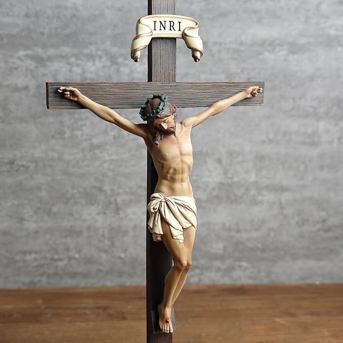 BC Catholic Crucifix Standing Cross, Jesus Christ tabletop Home Decor, Religious Gift, Wood Carve Looking, Realistic Finish, 10.9" H Hand Painted by Buildclassic