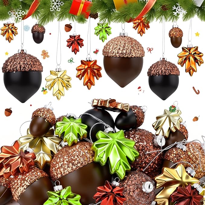 Soaoo 30 Pcs Acorn Hanging Ornaments for Winter Tree Maple Leaves Plastic Hanging Pendant Small Winter Decorations for Home Table Fireplace Party Decor(Matte Style)