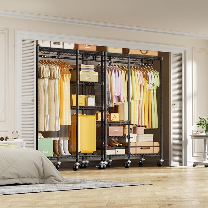 Ulif F4R Heavy Duty Clothes Rack（With Lockable Wheels ） Rolling Clothing Racks for Hanging Clothes，Adjustable Closet Organizer System，Portable Garment Rack 45"W x 15.8"D x 73.5"H，Max Load 650LBS，Black