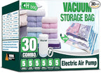 HIBAG Vacuum Storage Bags with Electric Pump, 30 Pack Vacuum Seal Space Saver Bag for Clothes, Clothing, Pillows, Blanket Bedding Comforters