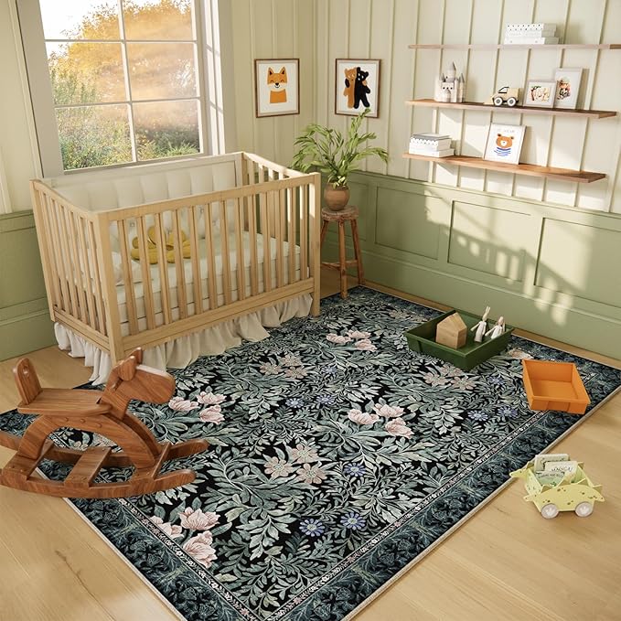Washable Area Rugs 5x7 Black Green Vintage Floral Botanical Pattern,Perfect for Living Room, Bedroom, Kids Room, Nursery - Stain & Water Resistant Non-Slip, Pet & Child Friendly/Bedroom Decor