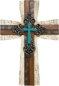 De Leon Collections 14233 Fleur De Lis Layered Turquoise and Brown 11.8 Inch Polyresin Southwestern Rustic Distressed Decorative Home Décor Hanging Sculpture Wall Cross