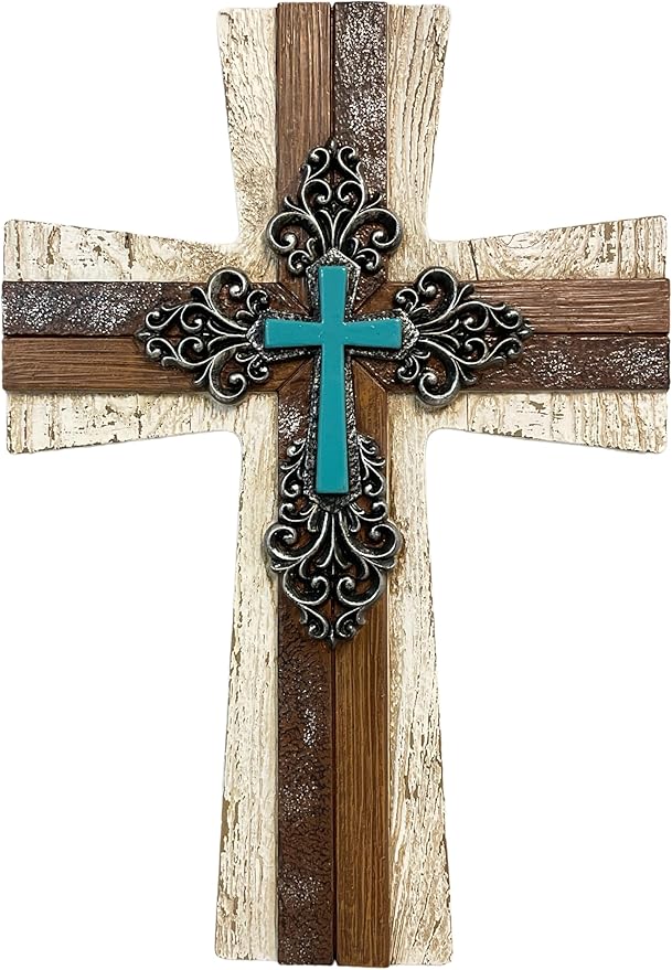 De Leon Collections 14233 Fleur De Lis Layered Turquoise and Brown 11.8 Inch Polyresin Southwestern Rustic Distressed Decorative Home Décor Hanging Sculpture Wall Cross