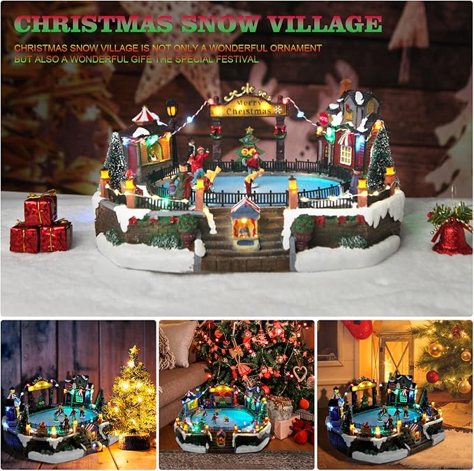 Christmas Village House Figurines Christmas Decor Estatua de la cabaña del Pueblo navideño Christmas Home Decoration Snow Globe Display Skating Pond Animated Multicolor Lighted with 8 Music X-Large