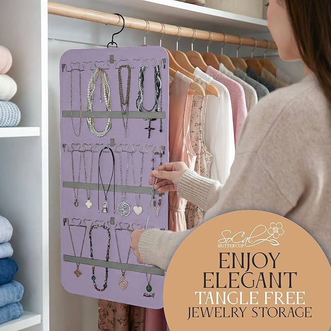 Hanging Jewelry Organizer Storage with Hanger Metal Hooks Double-Sided Jewelry Holder- Wall Mount Holder for Earrings, Necklaces, Rings on Closet, Wall, Door, 1 piece, Large, Pink