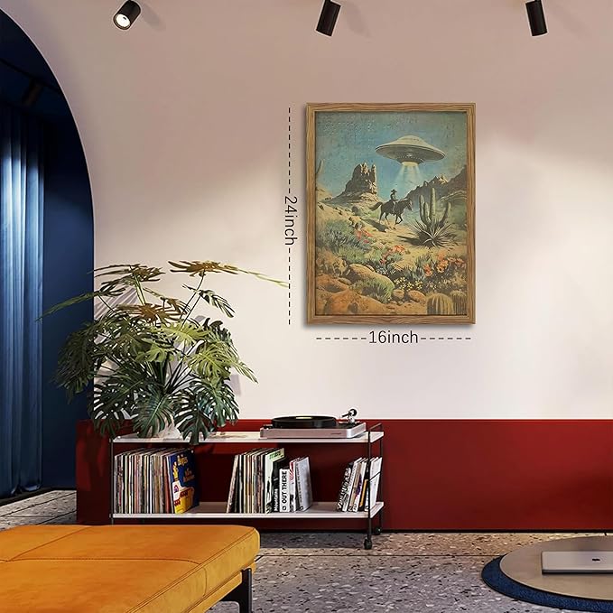 Framed Vintage Intergalactic Western Canvas Wall Art, Alien UFO Abducting Cowboy, Desert Cactus and Flowers Wall Decor, Retro Sci-Fi Poster for Living Room Bedroom – Dark Wooden Frame 16x24in