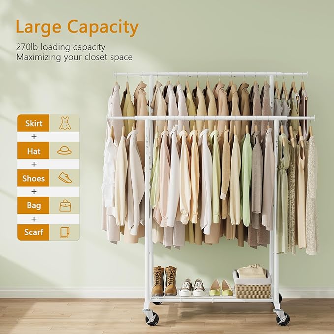 Double Rod Garment Rack, Heavy Duty Rolling Clothes Rack with Wheels For Hanging Clothes, Portable Metal Clothing Rack with Shelves,White, 64.2in Chrome