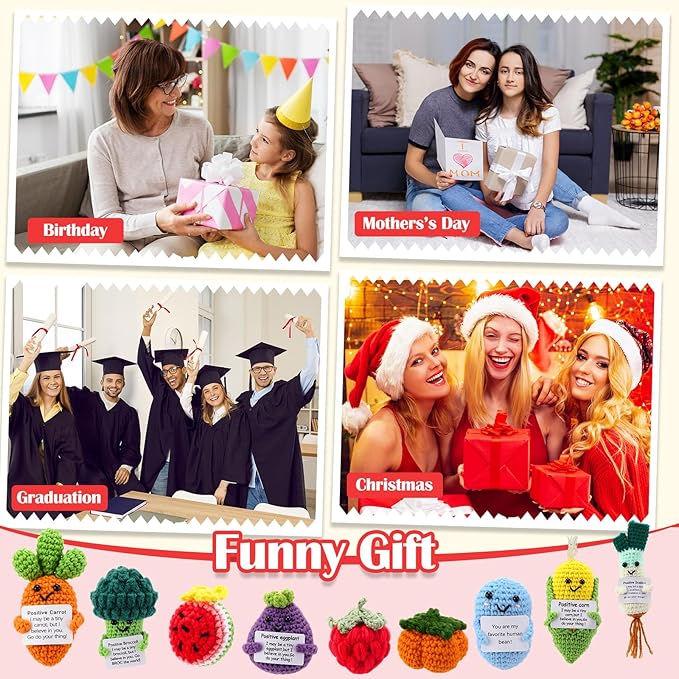 VioraWhite 18 Pcs Fruits Vegetables Positive Emotional Dolls Bulk Encouragement Emotional Knitted Crochet Gifts with Positive Words for Friends Coworker Decorations for Home Office
