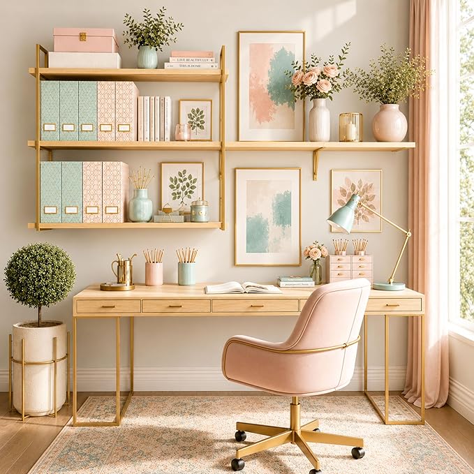 BLU MONACO | Set of 4 Foldable Pink & Aqua Magazine File Holders with Gold Geometric Patterns | Vertical File Organizer Boxes with Gold Label Holders for Home & Office