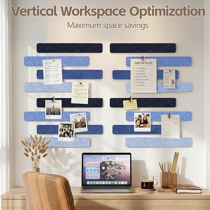 Cork Board for Walls - 8 Pack Felt Pin Board Bar Strips - Self-Adhesive Lightweight Bulletin Board - Cork Board for Office with 40 Push Pins No Damage for Wall