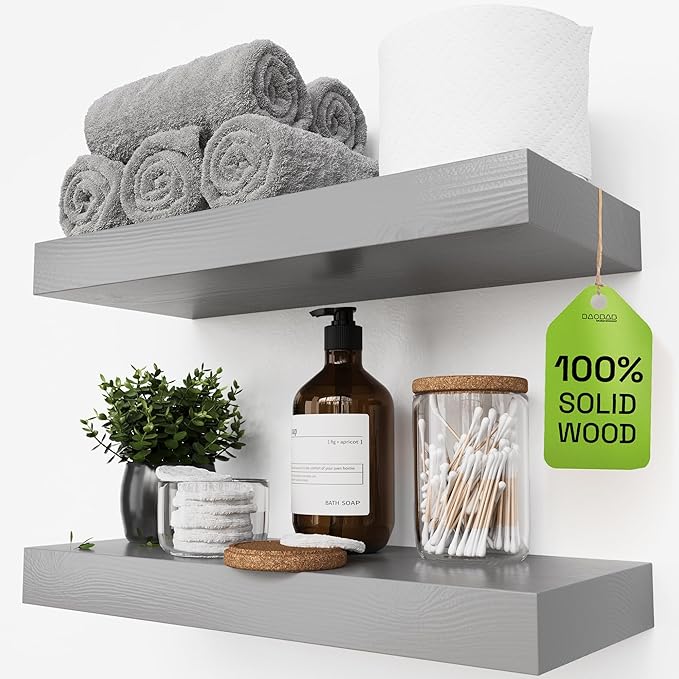 BAOBAB WORKSHOP Wood Floating Shelves for Wall - Rustic Shelf 16 inch - Grey Bathroom Shelves - Solid Wood Shelves for Wall for Bedroom Kitchen Living Room - Gray Shelves - 16 x 6.7 Inch, Set of 2