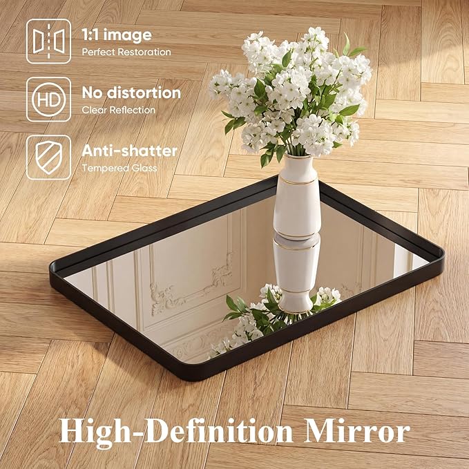 Sweetcrispy Bathroom Wall Mirror, 30x22 Inch Wall Mount Mirror for Over Sink, Modern Rounded Rectangle Vanity Mirrors with Matte Metal Framed, for Home Decor, Living Room, Bedroom, Black