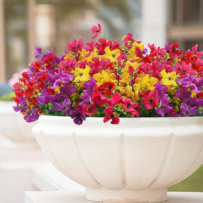 Artificial Faux Plants Flowers Outdoor Spring Summer Decoration, 12 Bundles Fake Silk Colorful Daisy Eucalyptus Realistic UV Resistant for Outside Home Planter Porch Yard Decor (Mix)