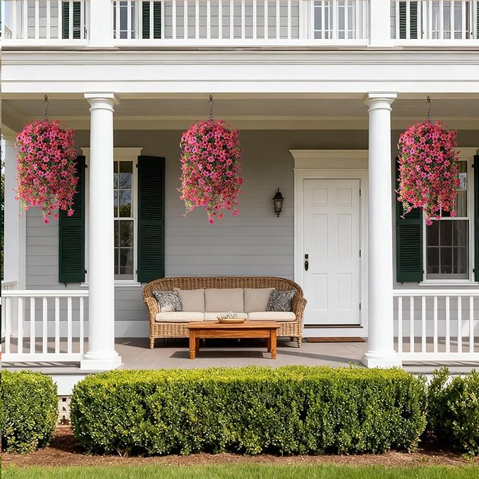 Artificial Hanging Flowers Plants for Outdoor Spring Summer Decoration, 2PCS Faux Silk Daisy UV Resistant Look Real for Outside Home Indoor Planter Porch Garden Yard Decor(Rose Red Fuchsia)