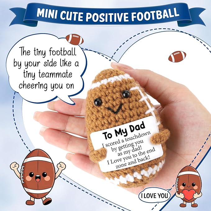 Dad Gifts from Son Daughter Wife, Positive Handmade Crochet Father's Day Birthday Gift, Funny Cute Small Gifts for Dads, I Love You Papa Valentines Day Gift Idea, Unique Football Doll for Step-Dad