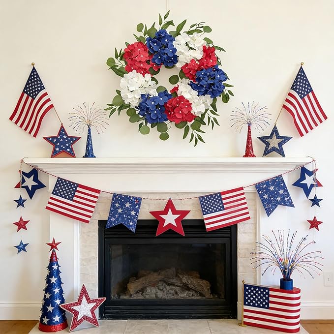 Patriotic Wreaths for Front Door 24 Inch 4th of July Wreath, Red White Blue Flower Wreaths, Perfect Memorial Day and Independence Day Decor