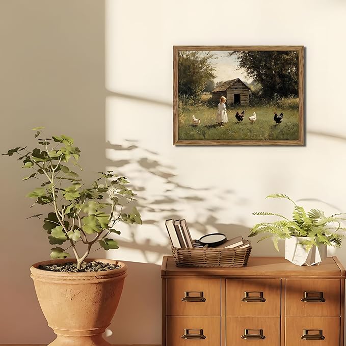 Vintage Country Framed Wall Art, Little Girl and Chick Canvas Prints, Rustic Landscape Picture Painting, Pastoral Farmhouse Wall Decor for Living Room Bedroom – Dark Wooden Frame 8x10in