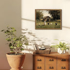 Vintage Country Framed Wall Art, Little Girl and Chick Canvas Prints, Rustic Landscape Picture Painting, Pastoral Farmhouse Wall Decor for Living Room Bedroom – Dark Wooden Frame 8x10in