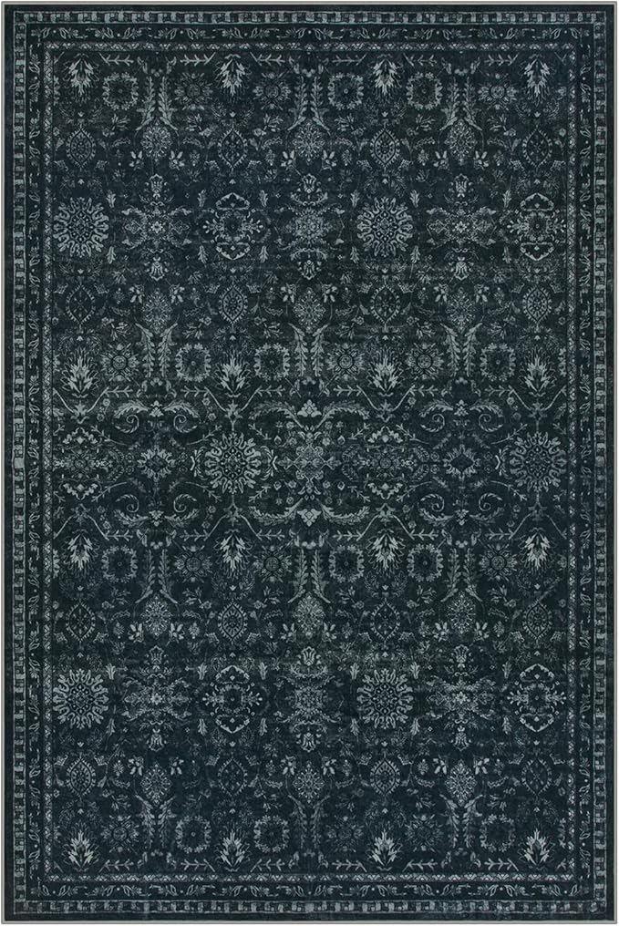 Lahome Washable Black Living Room Rug 6x9,Boho Dining Room Rugs for Under Table,Soft Stain Resistant Thin Carpets for Office Decor,Vintage Dark Carpet for Bedroom