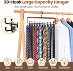 Tie Rack Hanger for Closet Upgraded 2-in-1 Tie and Belt Hanger Non Slip Tie Rack with 20 Hooks Tie Hanger Space Saving Wooden Belt Tie Organizer for Tank Tops Bras Cami Scarves, Walnut Color
