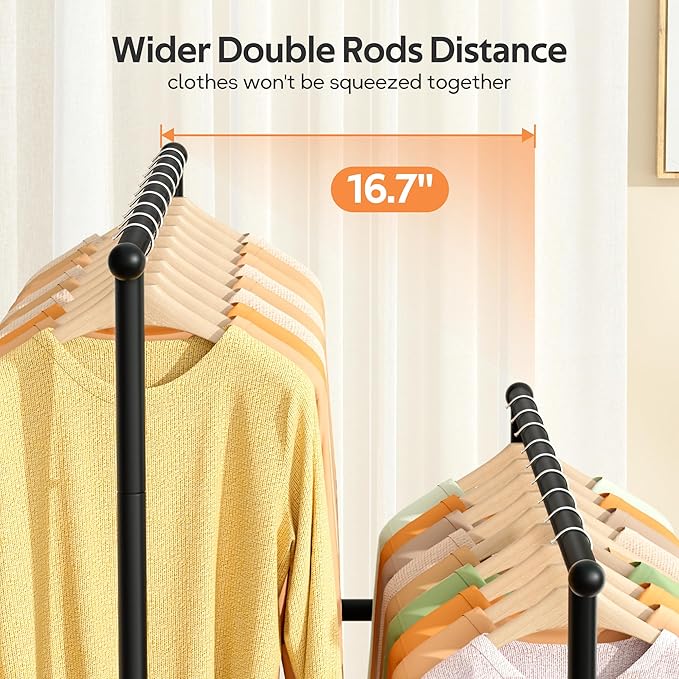 MISSLO Double Rods Garment Rack Heavy Duty Clothing Rack for Hanging Clothes Portable Clothes Organizer for Bedroom, Living Room, Clothing Store (Black with wheels)