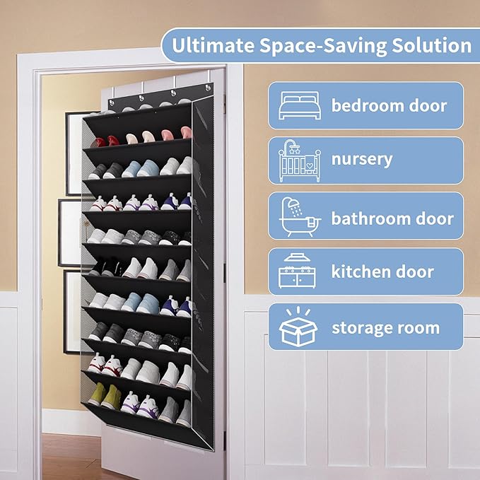 10-Tier Large Size Over The Door Shoe Organizer, Holds 30 Pairs Hanging Shoe Rack with Deep Pockets for Closet, Space-Saving Storage for Sneakers, Boots (Black)