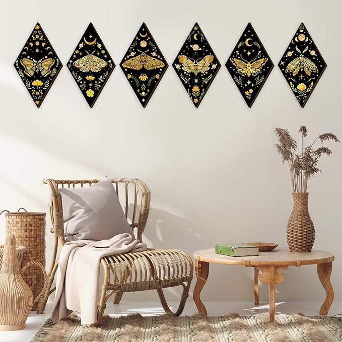 Sintuff 6 Pieces Gothic Wall Decor Boho Sun Moon Phases Wall Art Gothic Minimalist Stars Sun Hanging Wooden Home Decor Farmhouse Pediments for Gallery Living Bedroom Room(Moth)
