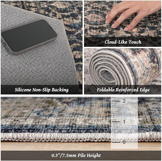 Washable 5x7 Area Rugs for Living Room, Boho Non-Slip Vintage Distress Rugs for Bedroom Dining Room Nursery Office, 0.3" Neutral Oriental Throw Thin Carpet with Cushioning Pad, Black/Brown/Blue/Multi