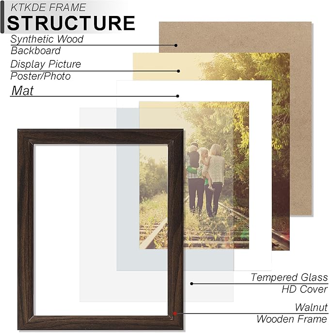 KTKDE 12x18 Wooden Picture Frame,Display Pictures 11x17 with Mat or 12x18 Without, Tempered Glass, 18 by 12 Walnut Frame Wall Gallery Photo Frames Poster Frame best gift