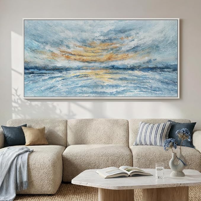 Extra Large Framed Blue Gold Abstract Wall Art for Living Room, Oversized Coastal Horizon Canvas Prints Paintings Artwork for Walls, Horizontal Modern Pictures for Bedroom Dining Room Wall Decor 36x72