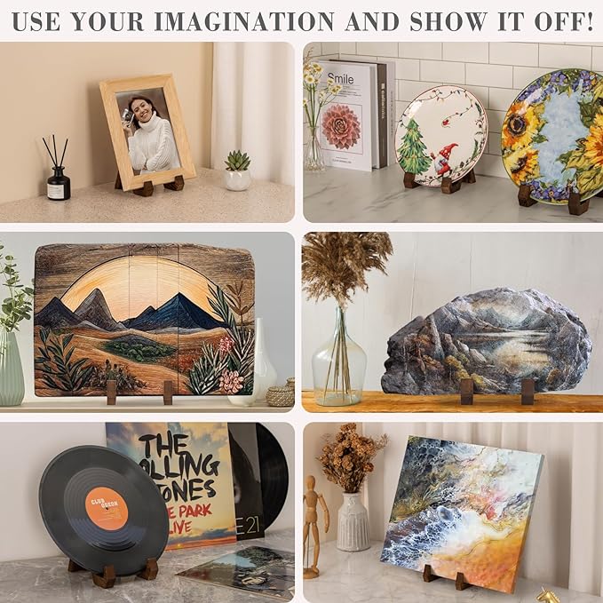 ANBOXIT Plate Display Stand, 3 Pack 8 Inch Plate Holder for Displaying, Decorative Picture Frame Dish Photo Plaque Platter Wood Stand