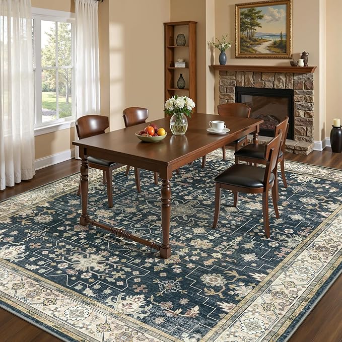 Lessymo 9x12 Area Rugs for Living Room, Large Stain Resistance Washable Rug for Bedroom Dining Home Office, Soft Non-Slip Vintage Floral Oushak Carpet, Boho Moody Farmhouse Decor, Black Brown