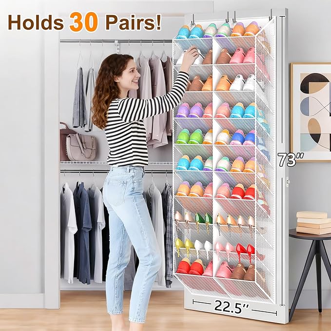 30 Pairs Over the Door Shoe Organizer, Breathable Mesh Pocket Hanging Shoe Storage for Closet, 10-Tier Door Shoes Rack, Handing Shoes Holder Fit All the Family's Sneakers, Boots, Heels, White
