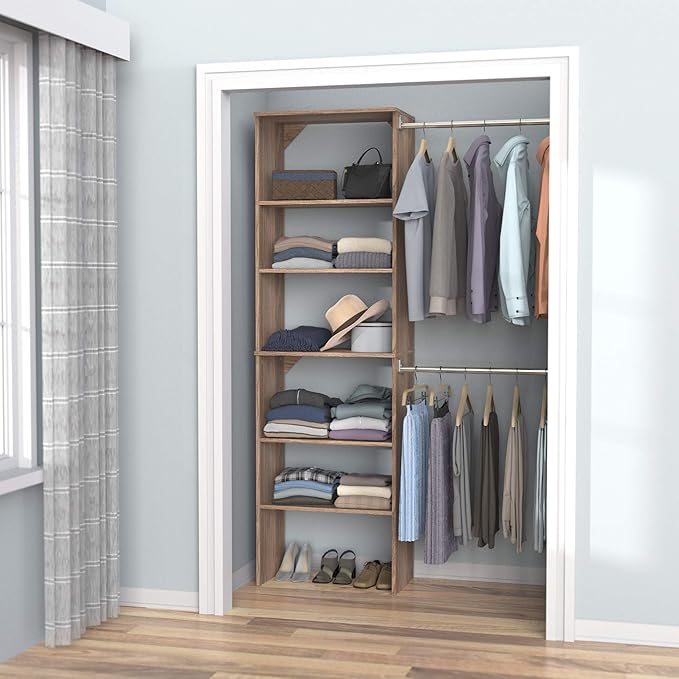 ClosetMaid SuiteSymphony Wood Closet Organizer Starter Kit with Tower and 3 Hang Rods, Shelves, Adjustable, Fits Spaces 5 – 10 ft. Wide, Natural Gray