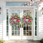 Pinkpuii Spring Wreaths for Front Door Outside– 24 Inch Spring Door Wreath with Pink Peonies, Roses,Blue Hydrangeas&Yellow Tulips,Colorful Welcome Summer Wreaths for Front Door Porch & Entryway Decor
