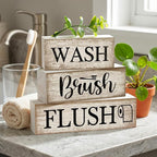 Moucuny 4 Pcs Farmhouse Bathroom Decor and Accessories Rustic Bathroom Shelf Decor Sign Set "wash/brush/flush" Farmhouse Eucalyptus Leaves Wood Block Signs for Toilet Vanity Countertop Home Decoration