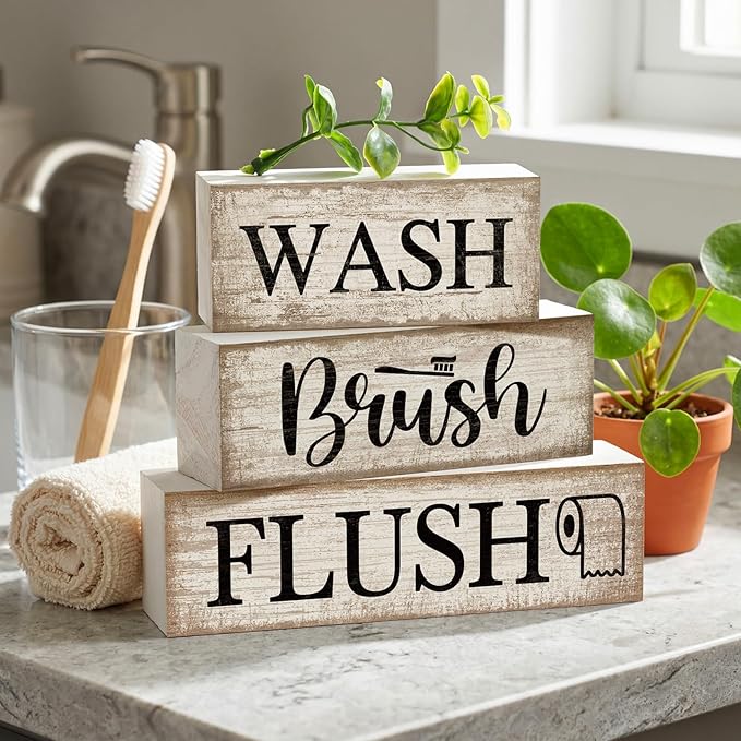 Moucuny 4 Pcs Farmhouse Bathroom Decor and Accessories Rustic Bathroom Shelf Decor Sign Set "wash/brush/flush" Farmhouse Eucalyptus Leaves Wood Block Signs for Toilet Vanity Countertop Home Decoration