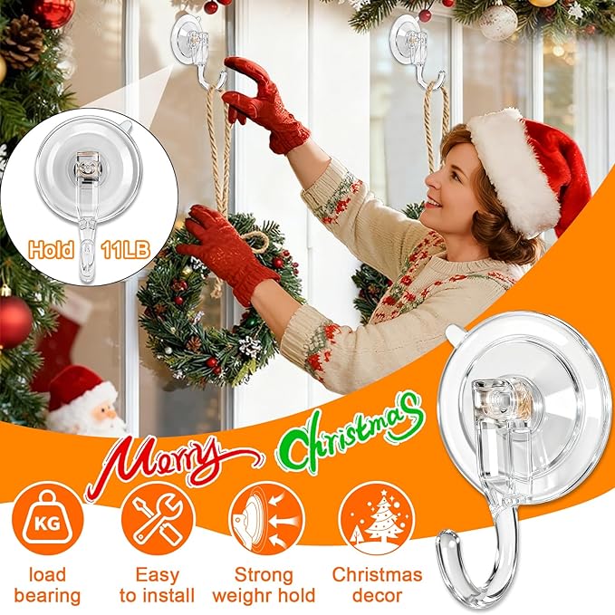 HEYHOUSE Wreath Hangers for Front Door, Clear Suction-Cup-Hooks Wreath-Door-Hanger on Glass Window,Easter Valentine’s Decorations Indoor Outdoor Over The Doors Hooks,Removable and Reusable, 4 Pack