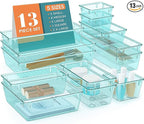 13 PCS Drawer Organizer Set, 5 Varied Size Bathroom and kitchen Drawer cabinet organizer Trays, Clear Storage Bins for Makeup, Jewelry, Utensils and Gadgets