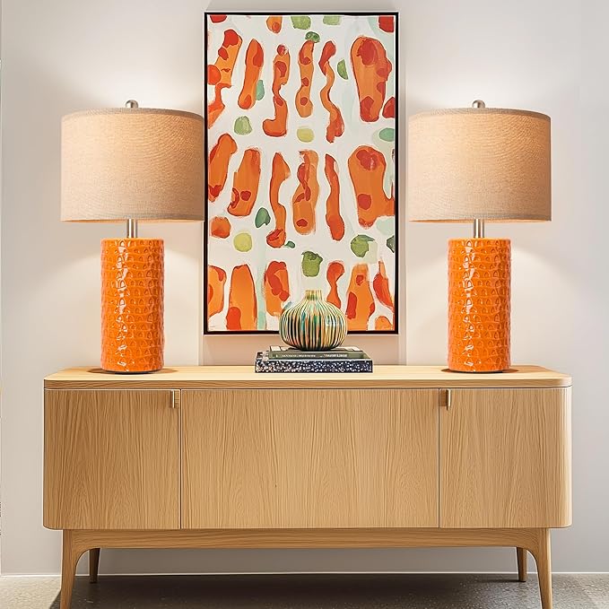 PARTPHONER 23" Modern Ceramic Table Lamp Set of 2, Table Lamps for Living Room, Rustic Farmhouse Bedside Lamps Nightstand lamp for Bedroom, Desk Lamp for End Table Home Decor Orange