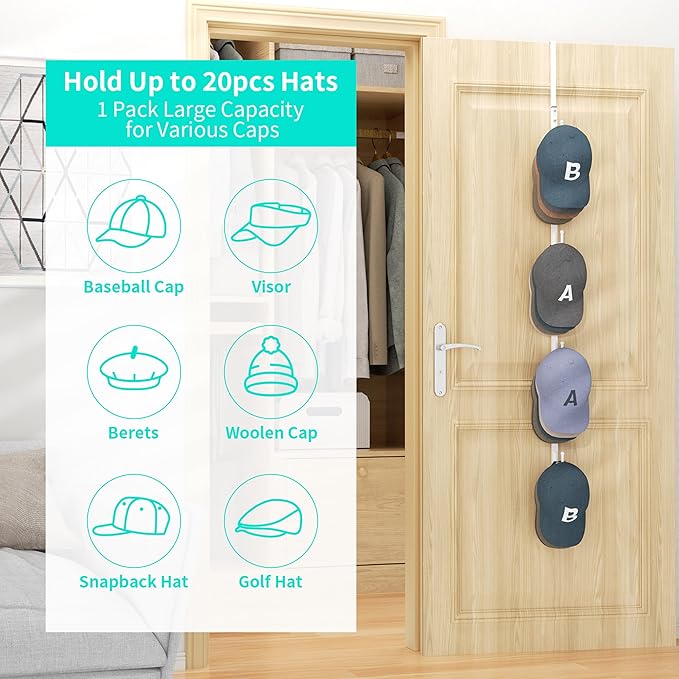HapiRm Over Door Hat Rack - Hat Organizer with 4 Hooks Design, Hanging Baseball Cap Organizer Storage Holds Up to 20 Caps for Door, Bedroom, Closet(White)